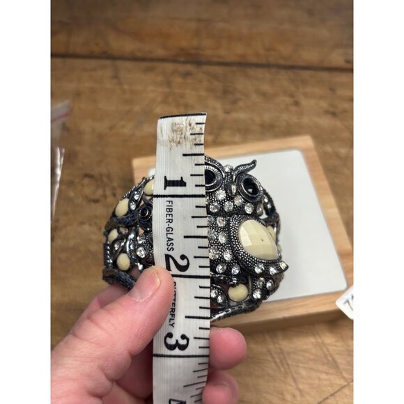 Vintage Silver-Tone Owl Cuff Bracelet With Rhinestones & Ivory Accents - Stateme - Picture 7 of 13